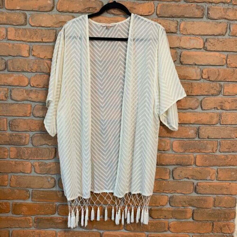 Skies Are Blue Chevron Fringe Kimono Cardigan Blouse Boho Beach Cover Up Size M